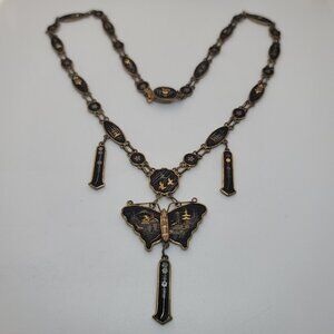 Vintage Japanese Damascene Brass, Gold Fill, 24K & Oxidation Butterfly Necklace